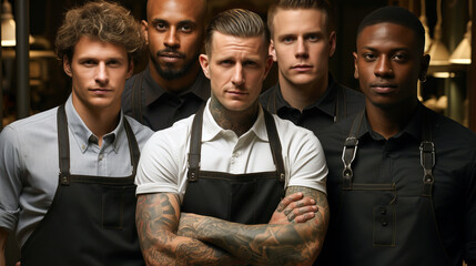 Portrait of barbers team dressed in traditional apron uniforms.