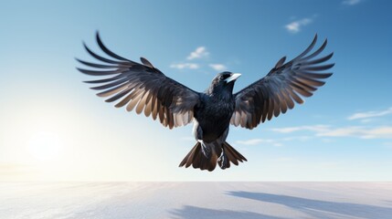 Black crow flying in the blue sky.