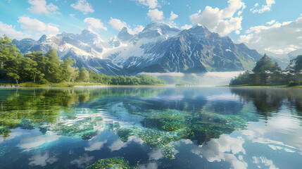 A pristine lake surrounded by snow-capped peaks.