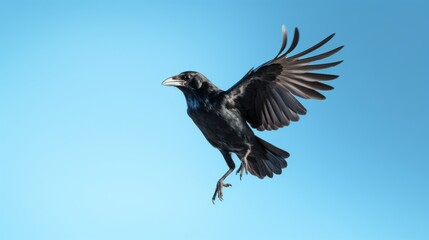 Naklejka premium Black crow flying in the blue sky.