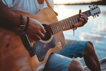Tranquil lakeside acoustic sunset serenade featuring a skilled guitarist playing a warm and melodic session by the water. Surrounded by the peaceful colors of a summer evening