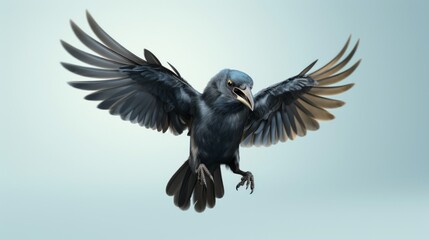 Black crow flying in the blue sky.