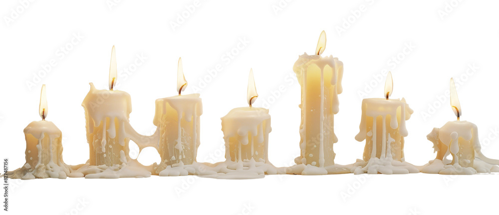 Wall mural collection of lit candles placed closely in a row on a transparent background