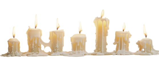 Collection of lit candles placed closely in a row on a transparent background