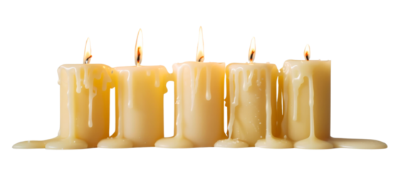 A row of candles with flames burning brightly, placed next to each other on a transparent background