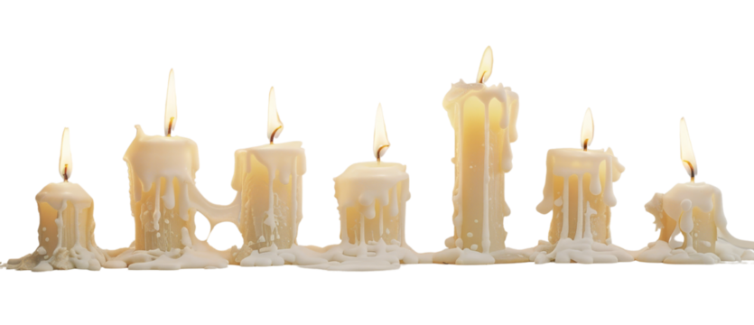 Collection of lit candles placed closely in a row on a transparent background