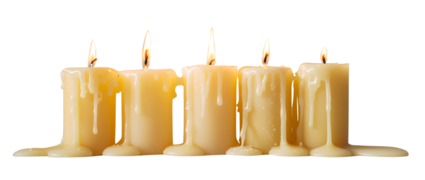 A row of candles with flames burning brightly, placed next to each other on a transparent background