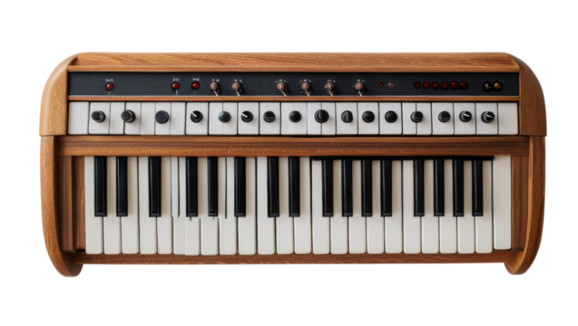 Detailed view of a keyboard with multiple knobs and controls, on a transparent background - Powered by Adobe