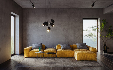 Minimalist living room interior with gray grunge walls. Interior mockup, 3d render
