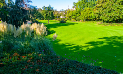 Landscaping, green lawn for relaxing in a city park in Nantes, France