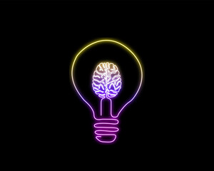 Neon light glow brain line art. Continuous one line drawing of human brain inside lamp.  