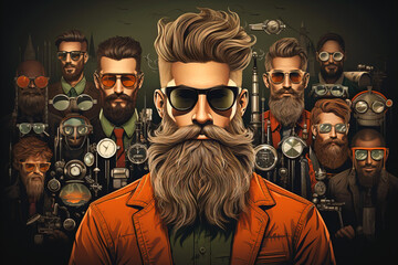 Barber shop collage: A bearded hipster portrait in a composition in cartoon style.