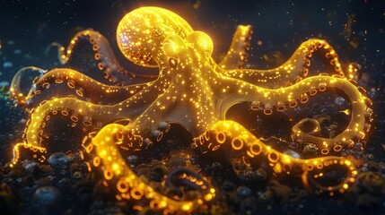 A glowing octopus with illuminating tentacles swimming underwater in a dark, mysterious ocean scene.