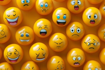Naklejka premium Many yellow emoji balls with various facial expressions drawn on them