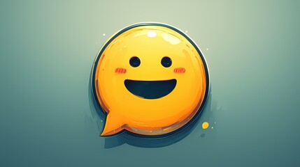 2d illustration of a gray circular button featuring a cheerful smiley face in a chat speech bubble symbol