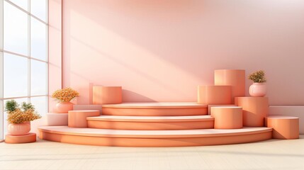 Bright minimalist interior with curved pink podiums and potted plants, illuminated by natural light from large windows.