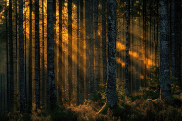 Naklejka premium Mystical Forest at Dawn with Volcanic Ash Tones and Sunlight Rays