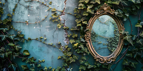 Obraz premium Modern Blue Wall with Glass Framed Leafy Wallpaper