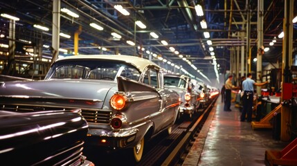 Old cars lined up on a manufacturing plants assembly line with workers in the background