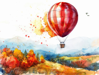 Obraz premium Watercolor painting of a hot air balloon floating over a vibrant autumn landscape with mountains and trees.