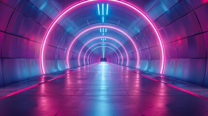 Futuristic silver metallic tunnel with neon lighting, leading into darkness with space for text at the top