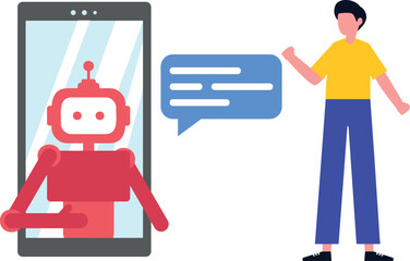 Obraz premium Boy talking to robot on mobile.