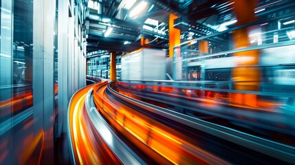 A blurry train moving through a dark tunnel with motion blur effect
