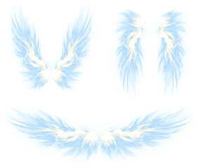 Obraz premium set of bright glowing blue angel wings. In various styles. Wings upwards, downwards and sideways. Isolated transparent background PNG.