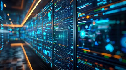 Naklejka premium Digital asset management software, screens showing data storage solutions, tech office