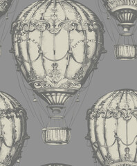 A vintage black and white seamless pattern of hot air balloons with baskets. Intricate details and classic designs evoke old-world charm. Ideal for wallpaper, textiles, and interior decoration.