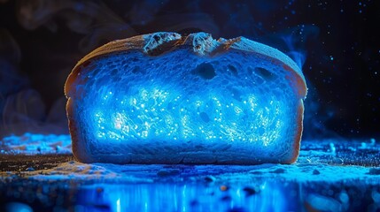 Mystical loaf of bread glowing with blue luminescence, creating an enchanting and surreal atmosphere in a dark setting.