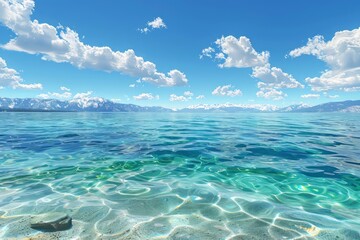 Obraz premium Crystalline turquoise waters under a blue sky with fluffy clouds and distant mountains, conveying a sense of serenity