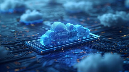 Cloud computing data flow visualization, network of servers in a high-tech facility, cool blue background with copy space