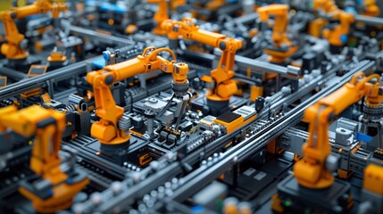 Factory Assembly Line: Illustrate a high-tech factory assembly line with workers and automated systems assembling products efficiently.