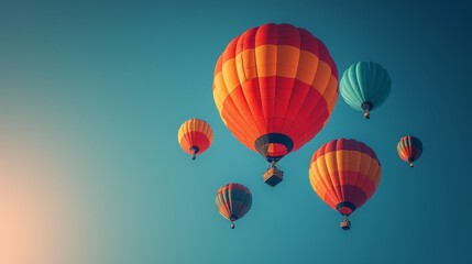 Obraz premium Clear blue sky with vibrant hot air balloons, perfect for adventure travel promotions