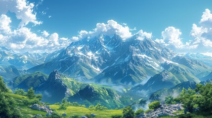 Clear mountain view on a bright summer day with sky above for adventure-themed