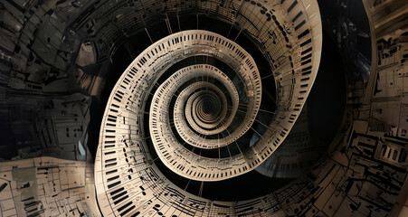 Fototapeta premium Musical notes and staves arranged in a spiral pattern, creating a sense of motion and depth