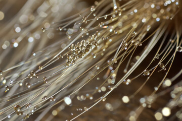 Abstract texture with fine fibers and golden sparkling lights in a soft focus