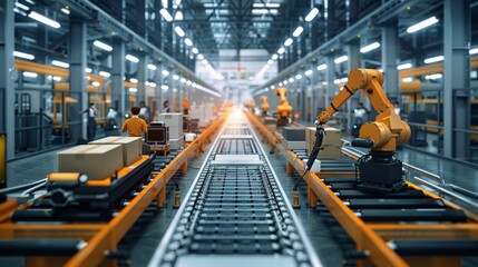 Factory Assembly Line: Illustrate a high-tech factory assembly line with workers and automated systems assembling products efficiently.