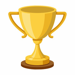 A gold trophy is placed on a wooden base against a white background