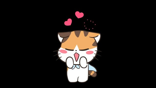 Animated Shy Cat with Pink Heart - Transparent Background