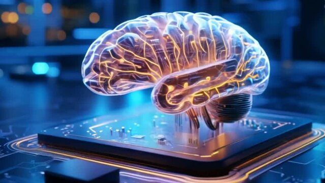 hologram brain that glows above the circuit board and computing unit. Motion image of generative AI and machine learning. 3D rendered.