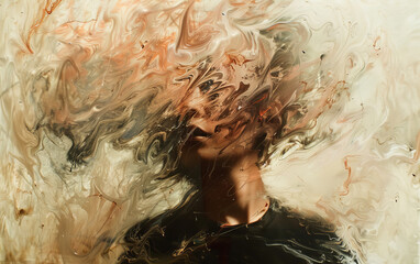 Obraz premium Abstract art depicting a person with their head covered in swirling, multicolored patterns, blending mystery and creativity.