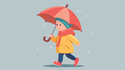 Cute Cartoon Kid with Umbrella walking. Vector illustration