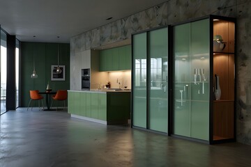 modern design glass door wall panel between kitchen and sage green cabinet