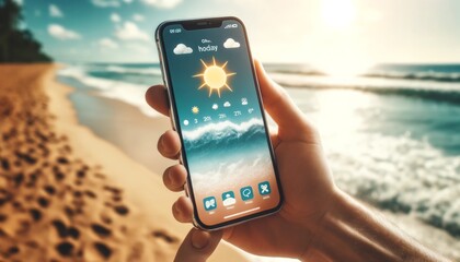 Tropical Beach Weather Forecast on Smartphone Screen in Hand