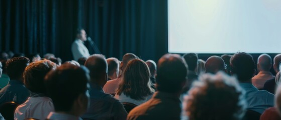 Audience attentively listening to a speaker at a business conference in a dark auditorium with a bright projector screen.