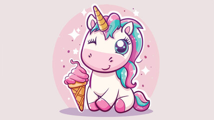 Cute funny unicorn with ice cream cone. Vector illustration