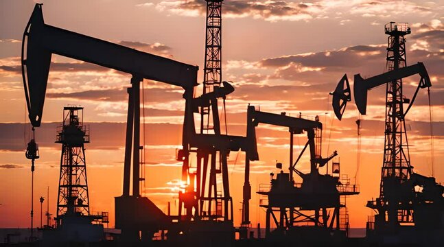 Oil Pump Jacks and Derricks at Sunset in Industrial Landscape.