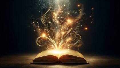 An open book with golden light and sparkles emanating from its pages, creating a magical and enchanting effect